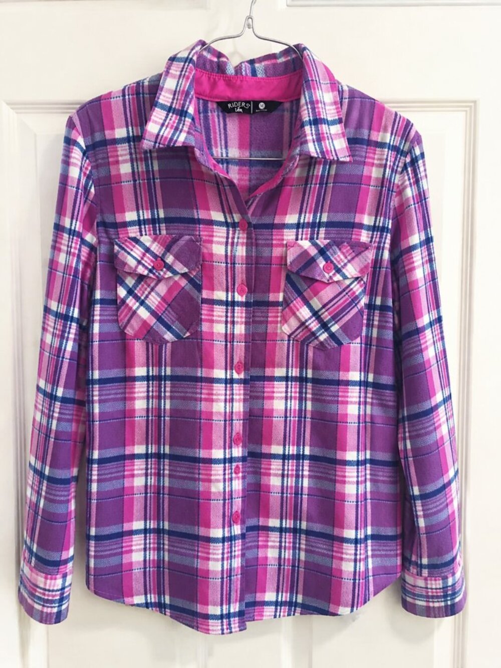 Riders by Lee Pink & Purple Plaid Fleece Button Up Shirt Flannel Medium M